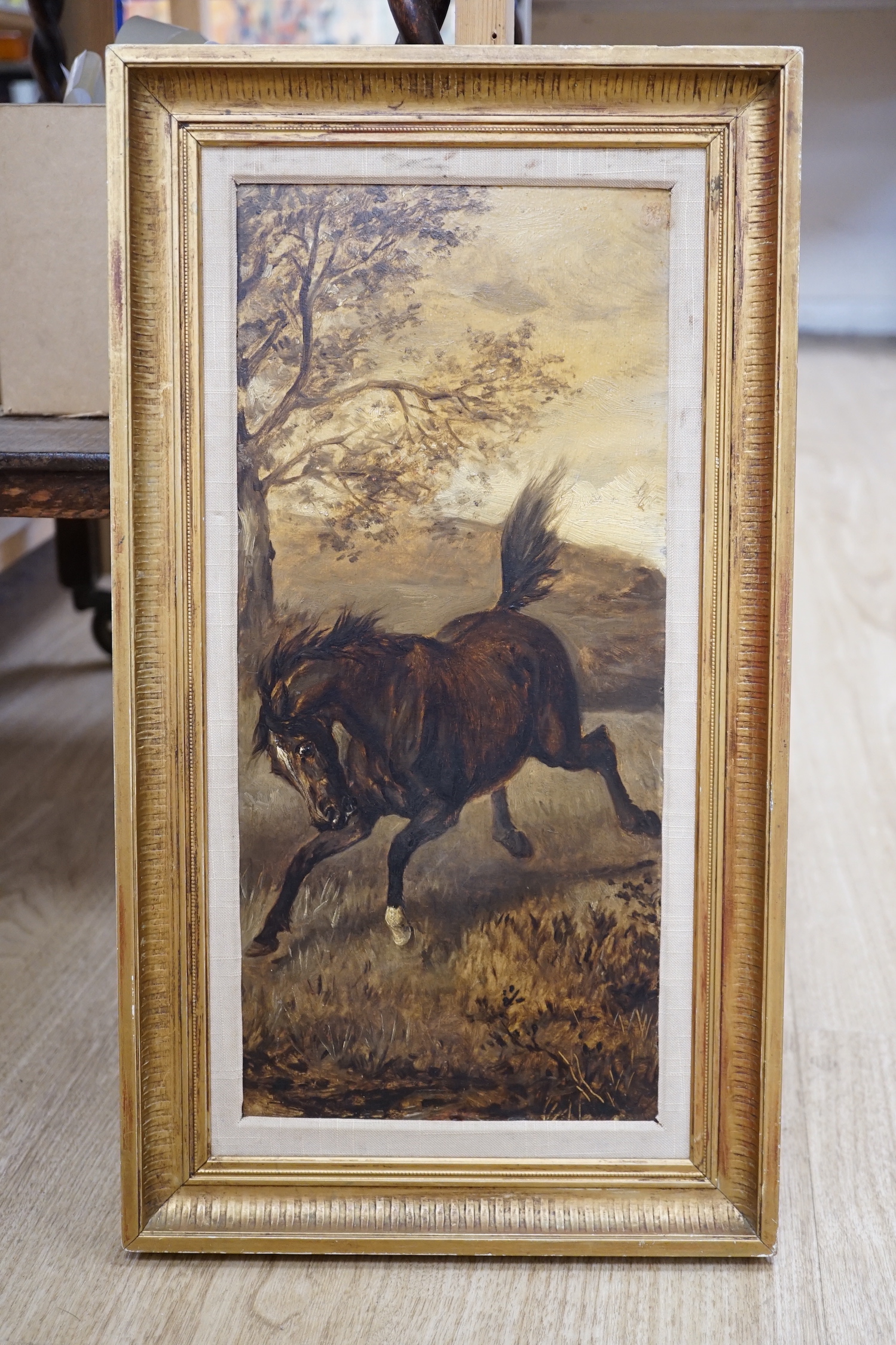 Rowland Wheelright (1870-1955), oil on board, Running horse in a landscape, Ruskin Gallery label verso, 39 x 17.5cm